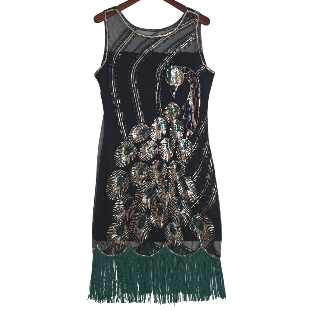 Babeyond Black Sequin Peacock Flapper Dress Green Fringe 1920s Gatsby XXL